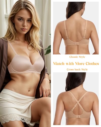 HACI Women's Push Up Padded Plunge Seamless Everyday Bra - color: Beige, size: 36A