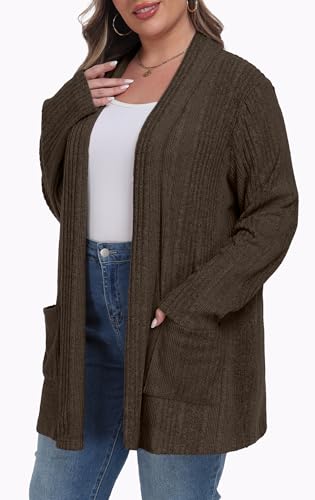OLRIK Womens Plus Size Cardigan Loose Outwear with Pockets - color: C-brown, size: 1X