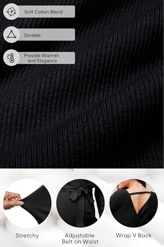 OUGES Womens Soft Cotton Blend Maternity Sweater Wrap V Neck Long Sleeve V Back Fall Shirts Pregnancy Outfits with Belt - color: Black, size: XX-Large