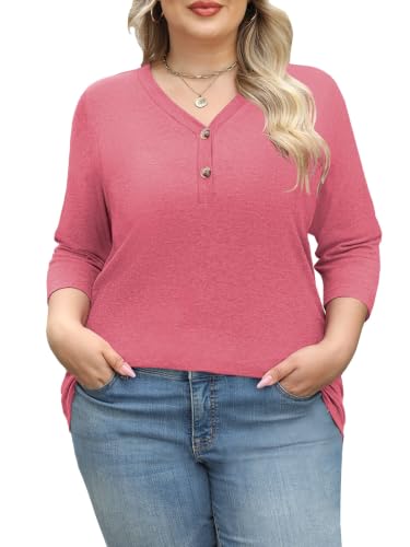 Womens Summer Plus Size 3/4 Length Sleeve Tops Button Down Shirts L-4XL - color: Pink, size: XX-Large