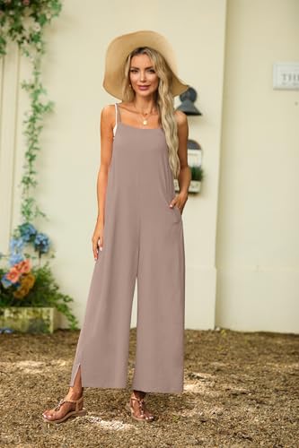 Lepunuo Womens Casual Loose Jumpsuits Summer Boho Wide Leg Rompers Sleeveless Overalls with Pockets - color: A - Apricot, size: Medium