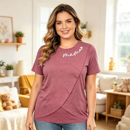 Nursing Breastfeeding Shirt for Women Friendly Double Layer Postpartum Tops - color: Red, size: Large
