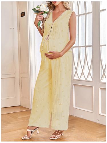 MakeMeChic Women's Maternity Summer 2 Piece Outfits Pregnancy Boho Vacation Striped Bow Top and Pants Set - color: Light Yellow, size: Medium