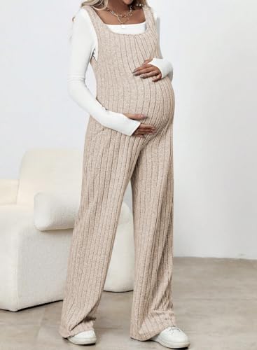 BLENCOT Maternity Jumpsuit Sleeveless Square Neck Wide Leg Pants Romper - color: Apricot, size: XX-Large