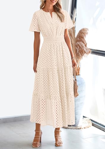 PRETTYGARDEN Women's Summer Hollow Out Eyelet Maxi Dress - color: Beige, size: Large