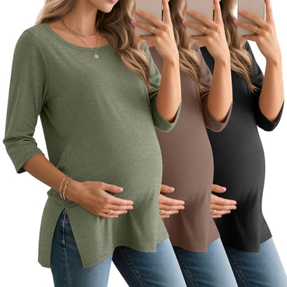 3 Pack Women's 3/4 Sleeve Maternity Loose Crewneck Tops - color: Gray Green, Coffee, Black, size: X-Large