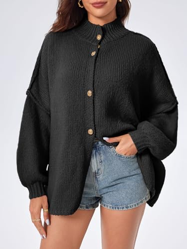 Saodimallsu Womens Oversized Cardigans Long Lantern Sleeve Button Down Chunky Knit Loose Fall Sweater Coats - color: Black, size: X-Large