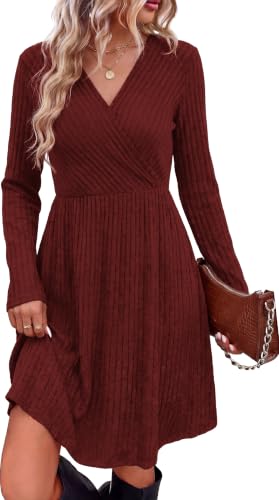 WIH0LL Womens Fall Dresses 2026 Long Sleeve Wrap Sweater Dress with Pockets - color: Wine, size: Medium