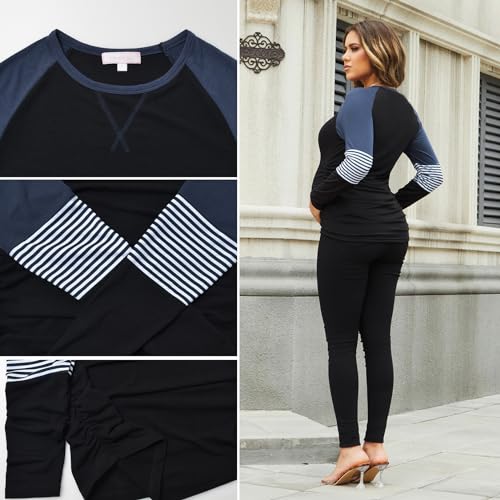 Bhome Long Sleeve Maternity T-Shirt Colorblock Baseball Tee Casual Pregnancy Tunic Top - color: Black, size: Medium