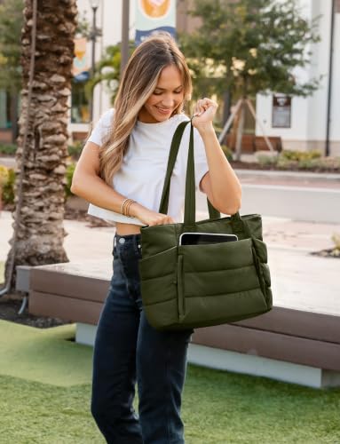 Uselike Tote Bag for Women with Zipper, Quilted Puffer Tote Bag with Compartments, Lightweight Puffy Work Bags for Women - color: Dark Olive Green