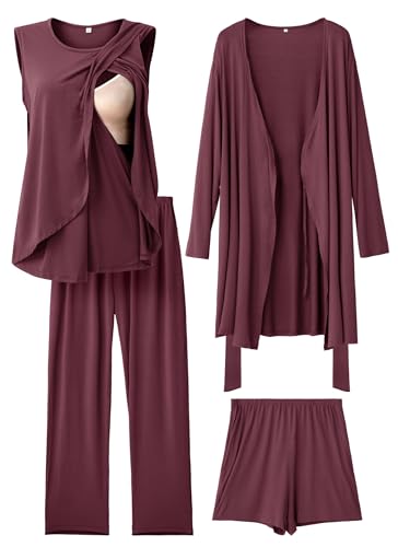 Rnxrbb 4 PCS All-Season Nursing Pajamas Robe Set Maternity Postpartum Pjs - color: Deep Purple, size: X-Large