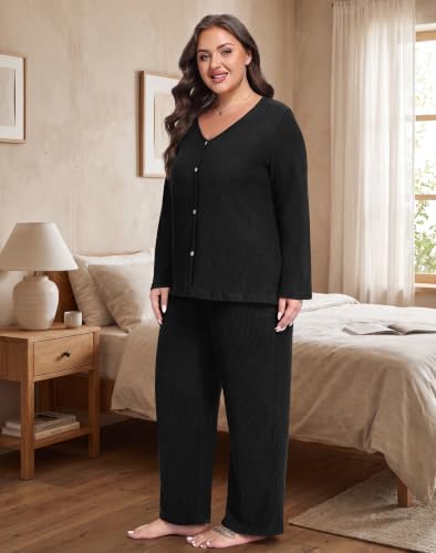 Plus Size Pajama Set for Women Long Sleeve Loose Fit Loungewear - color: Black, size: X-Large Plus