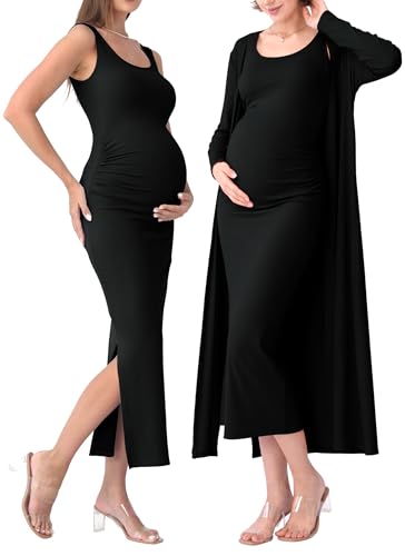 Rnxrbb 2 PCS Summer Fall Maternity Dresses Long Cardigan Set for Women - color: Black, size: Small