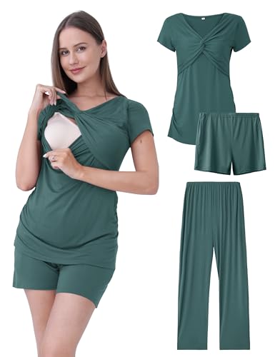 3-Piece Maternity Nursing Pajamas Set for Pregnancy & Postpartum - color: Teal, size: X-Large