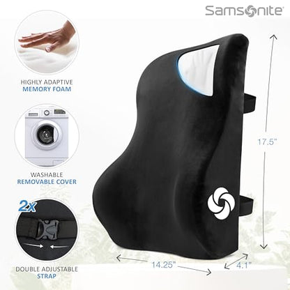 Samsonite Memory Foam Lumbar Support Pillow, Ergonomic Back Cushion for Office Chair, Gaming Chair, Automotive Full Back Support, Home Essentials for Sitting Comfort and Posture Relief, Black