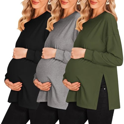Ekouaer 3 Packs Maternity Shirts Split Side Pregnancy Workout Tops - color: 3pcs- Black + Army Green + Grey, size: Medium