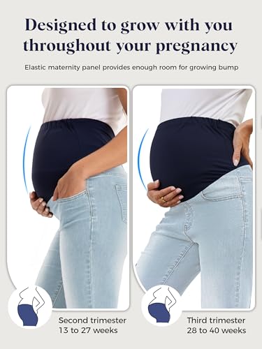 SEVEGO Women's 29"/31"/33"/35" Maternity Bootcut Jeans Over the Belly Pregnancy Flare Stretch Denim Pants Pockets Comfy - color: Light Blue, size: Medium