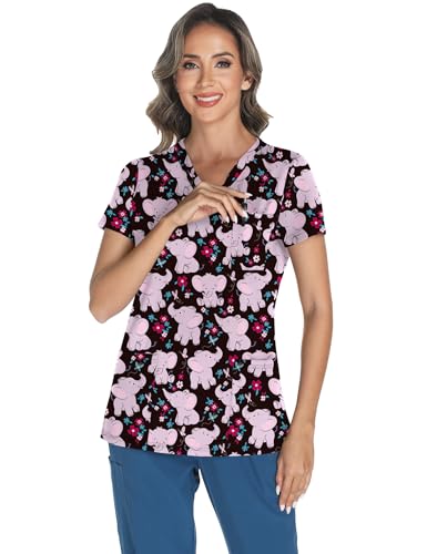 LOMON Women's V Neck Printed Scrub Top with 3 Pockets - color: Elephant, size: XX-Large