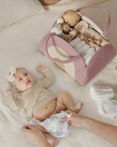 Blissful Diary Diaper Caddy Organizer, Woven Cotton Rope, Blush Rainbow - color: Blush Rainbow