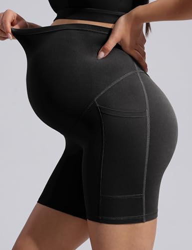 POSHDIVAH Creamluxe Maternity Biker Shorts with Pockets 6"/8" - color: Black, size: Large