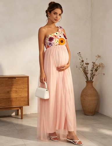 Maternity Maxi One Shoulder Floral Tulle Dress for Baby Shower - size: Medium