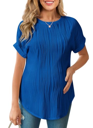 FMEYOA Womens Maternity Shirts Casual Textured Short Sleeve Crew Neck Spring Summer Pregnancy Tops S-XXL - color: Royal Blue, size: Small