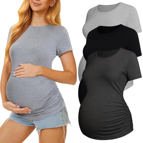 3 Pack Womens Maternity Shirts, Crew Neck Maternity Top Short Sleeve - color: Black/Light Grey/Dark Grey, size: Small