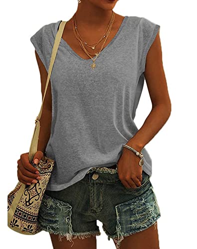 Langwyqu Womens' Cap Sleeve Tees Casual Loose Fit Basic Shirts Tank Tops - color: 00- Gray, size: Large