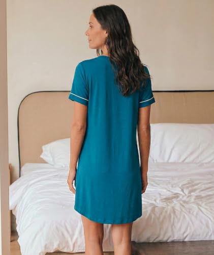 GYS Bamboo Viscose Nightgowns for Women Soft Button Down Sleep Shirt - color: Teal Blue, size: Medium