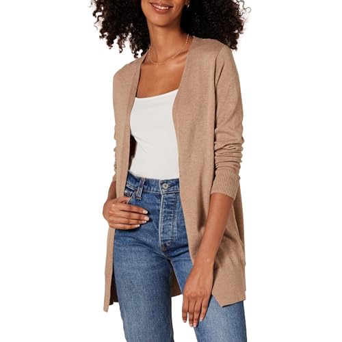 Amazon Essentials Women's Lightweight Long-Sleeve Open-Front Long Cardigan Sweater, Regular Fit - color: Camel Heather, size: Large