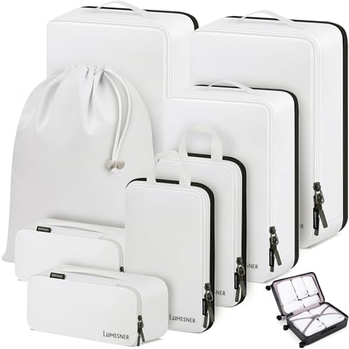 Lumesner 8 Set Compression Packing Cubes, Travel Suitcase Organizers - color: White