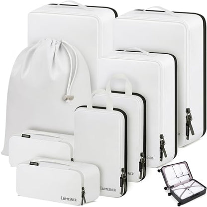 Lumesner 8 Set Compression Packing Cubes, Travel Suitcase Organizers - color: White