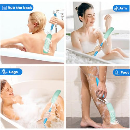 Back Scrubber for Shower,15.35"Curved Body Brush with Anti Slip Long Handle - size: Black+Pink Handle (Medium)