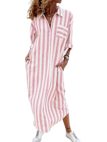 utcoco Womens Casual Striped 1/4 Zipper Maxi Shirt Dresses Rolled Up Sleeve Beach Vacation Boho Shift Dress - color: Pink, size: Medium