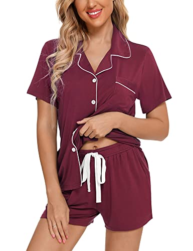 Samring Womens Pajamas Set Short Sleeve Button Down Sleepwear 2 Piece Pjs - color: Maroon, size: X-Large