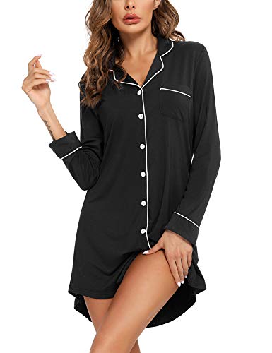 Samring Nightgowns for Women Long Sleeve Button Down Night Gown Sleepshirts - color: Black, size: Medium