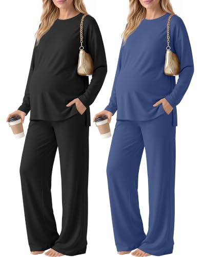 Huukeay 2 Pack Maternity Long Sleeve Pajamas Sets - color: Black, Haze Blue, size: Large