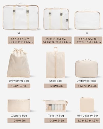 TRAILKICKER 9 Set Packing Cubes for Carry on Suitcase Travel Organizer Bags for Luggage Suitcase Organizer Bags Packing Cube Set for Packing Women Men (Beige) - color: Beige
