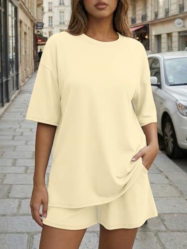 Trendy Queen Women's 2 Piece Summer Matching Set Lounge Wear with Pockets - color: Butter Yellow, size: Medium