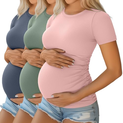Ficerd 3 Pack Women's Short Sleeve Maternity Shirts - color: Light Green, Light Pink, Haze Blue, size: Small