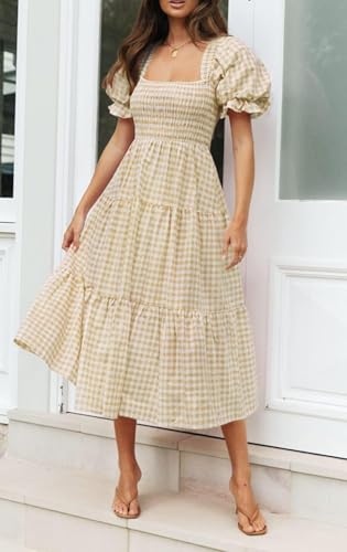 ZESICA Women's Summer Boho Gingham Puff Sleeve Square Neck Beach Midi Dress - color: Beige, size: Medium