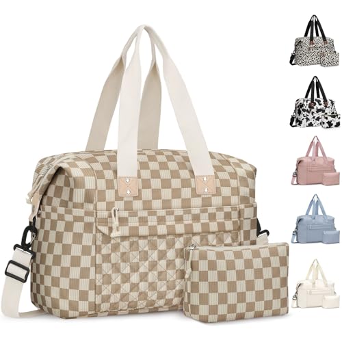 Pritent Travel Duffle Bag, Weekender Overnight Personal Item Carry On Bag - color: Khaki Square Grid, size: Medium