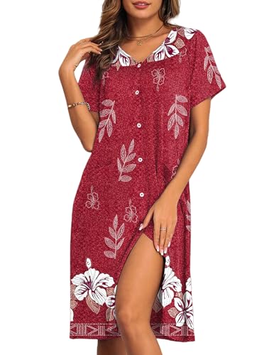 Ekouaer House Dress for Women with Pockets Button Down Nightgowns Moo Moos - color: Red Flower, size: Medium