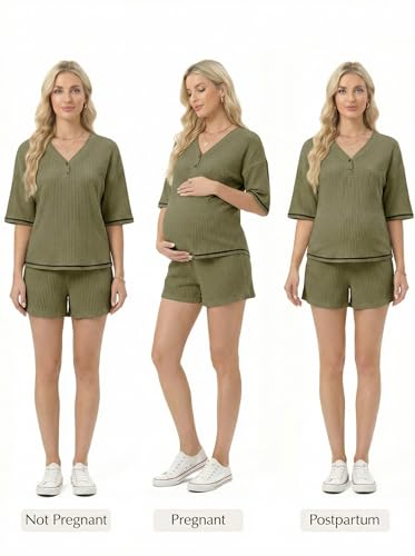 BLENCOT Maternity Pajamas Nursing Set Shorts Pregnancy Pj Sets - color: Four Leaf Clover, size: Small