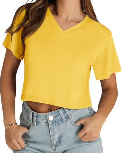 Womens Crop Tops Short Sleeve V Neck Summer Cropped T Shirts Baisc Tees - color: Solid Yellow, size: Medium