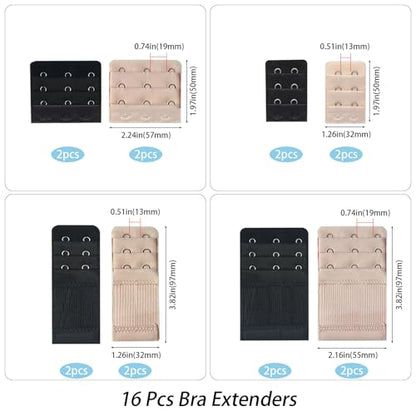 16/32 Pcs Bra Extenders, Women Ladies Stretchy Bra Band Extension 2 Hooks / 3 Hooks, Lingeries Bra Strap Extender - color: 16pcs-multicolor