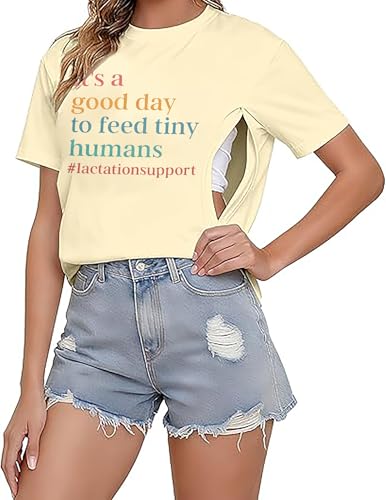 Women's Breastfeeding Shirt Zipper Nursing T-Shirt Maternity Graphic Tees - color: Apricot, size: XX-Large