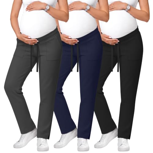 3 Pack Comfy Women's Maternity Scrub Pants - color: Dark Gray, Navy Blue, Black, size: Medium