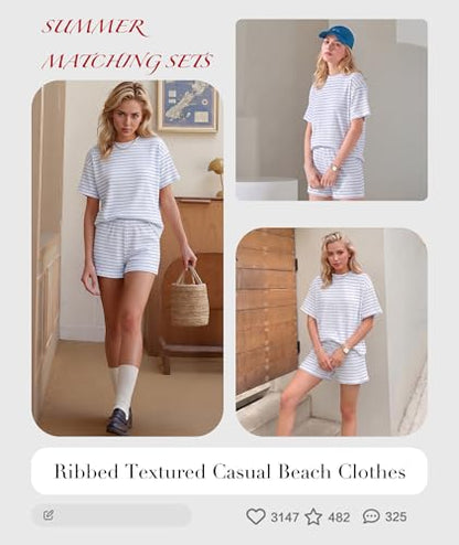 MARZXIN Women 2 Piece Short Set with Vertical Stripes Summer Cruise Outfits - color: Blue Stripe, size: X-Large