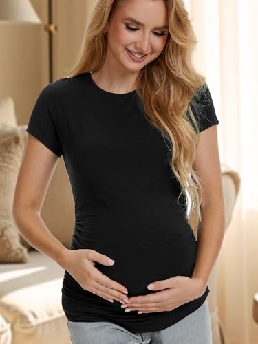 3 Pack Womens Maternity Shirts, Crew Neck Maternity Top Short Sleeve - color: Black/Light Grey/Army Green, size: X-Large